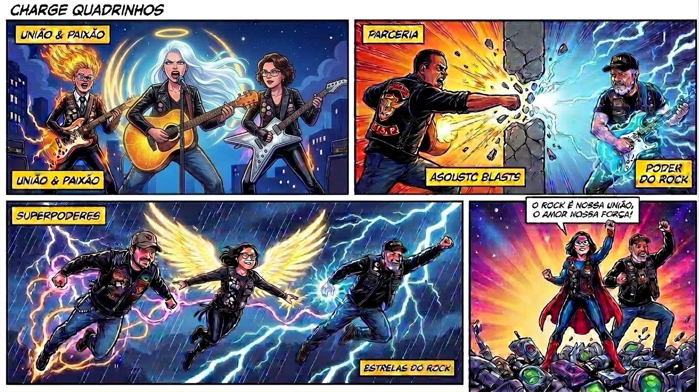 Rock band unity and superpowers comic Comic strip featuring a rock band with fiery and electric powers symbolizing unity and passion
